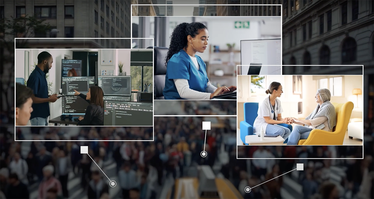A collage of three workplace scenes connected by white outlined boxes over a blurred city crowd background. On the left, two coworkers discuss code in front of multiple computer monitors. In the center, a healthcare worker in blue scrubs types on a laptop at a desk. On the right, a nurse sits with an older woman in a bright living room, holding her hands and smiling supportively.